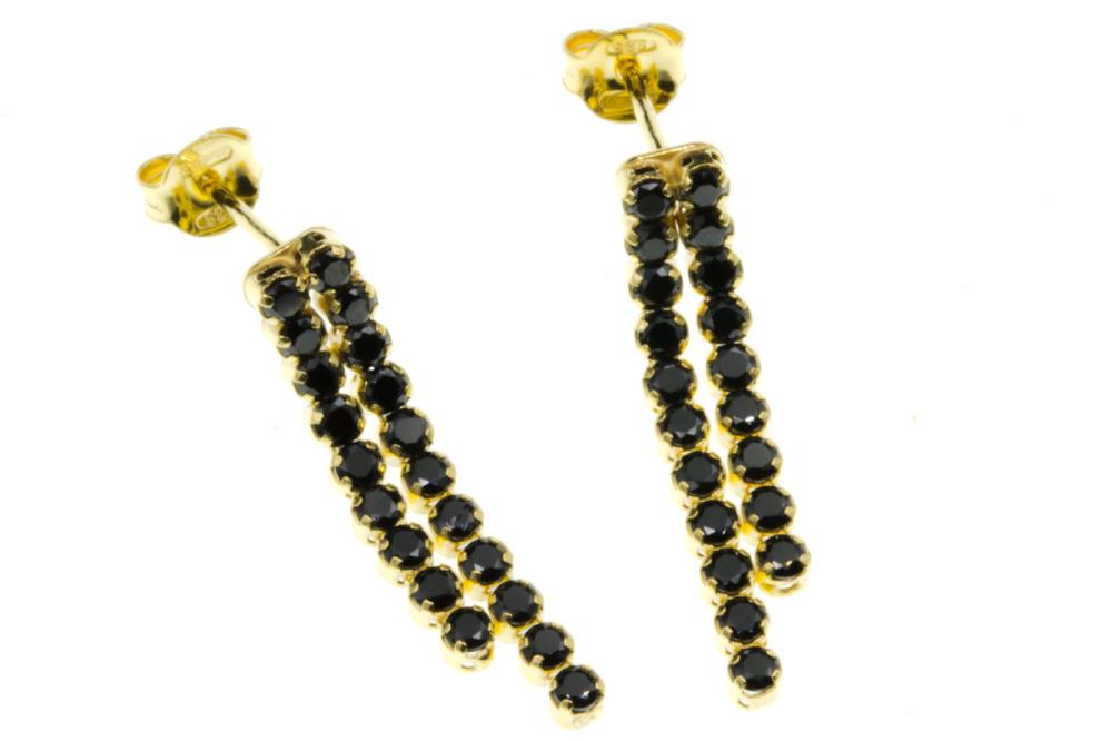 Kolczyki srebrne pozłacane wiszące czarne cyrkonie na sztyfcie SK12427