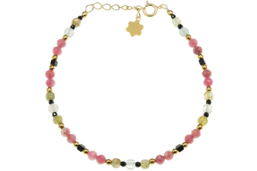 Bransoletka srebrna pozłacana koralikowa Rodonit Spinel Glossular SB13065