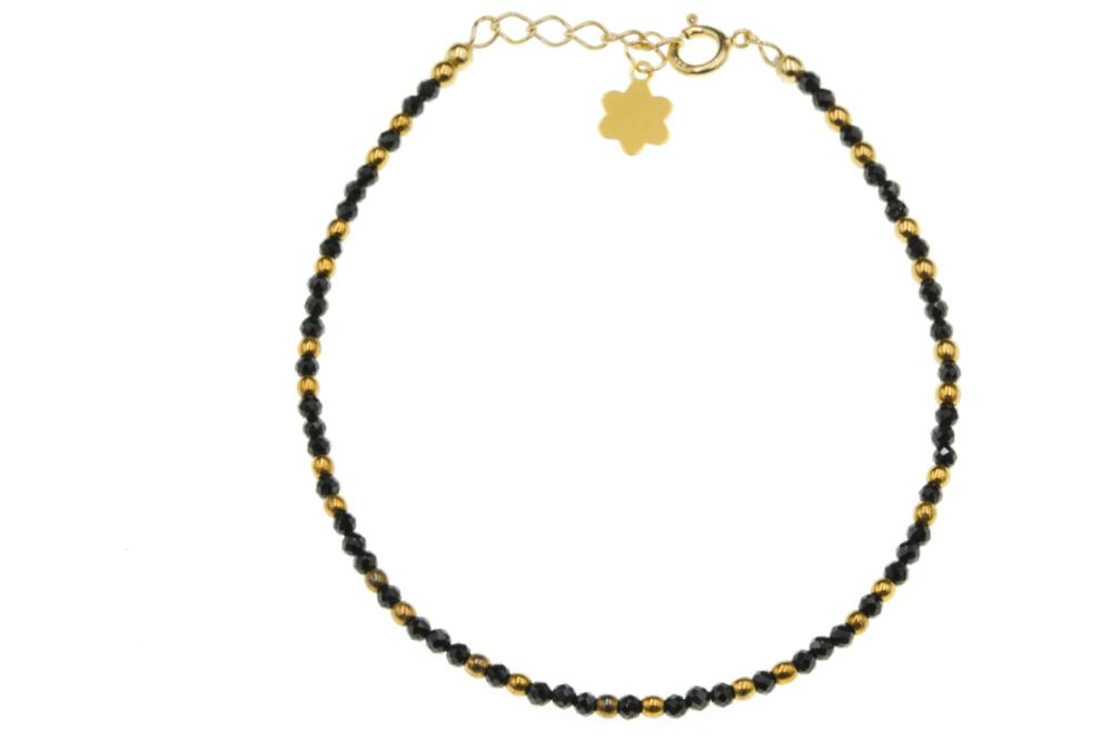 Bransoletka srebrna pozłacana koralikowa czarna Spinel SB13055