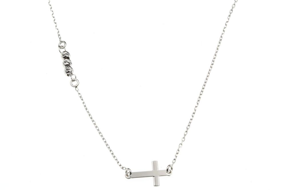 Naszyjnik srebrny z poprzecznym krzyżykiem i kuleczkami celebrytka SN9736