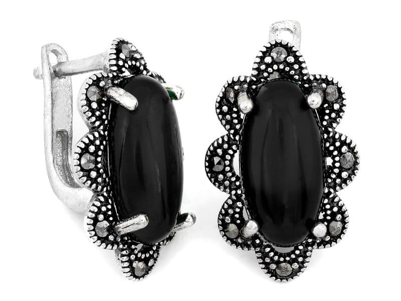 Kolczyki srebrne stylowe z czarnymi kamieniami angielskie zapięcie SK13330