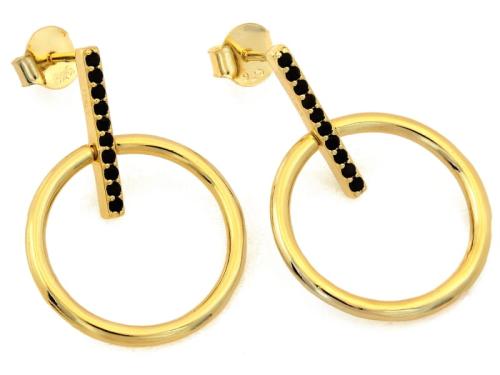 Kolczyki srebrne pr. 925 pozłacane na sztyftach pałeczki z czarnymi cyrkoniami i kółka eleganckie SK13407.jpg