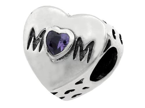 Zawieszka srebrna pr. 925 charms na okrągłą bransoletkę serce z fioletowym oczkiem dla mamy MOM SZ13317.jpg