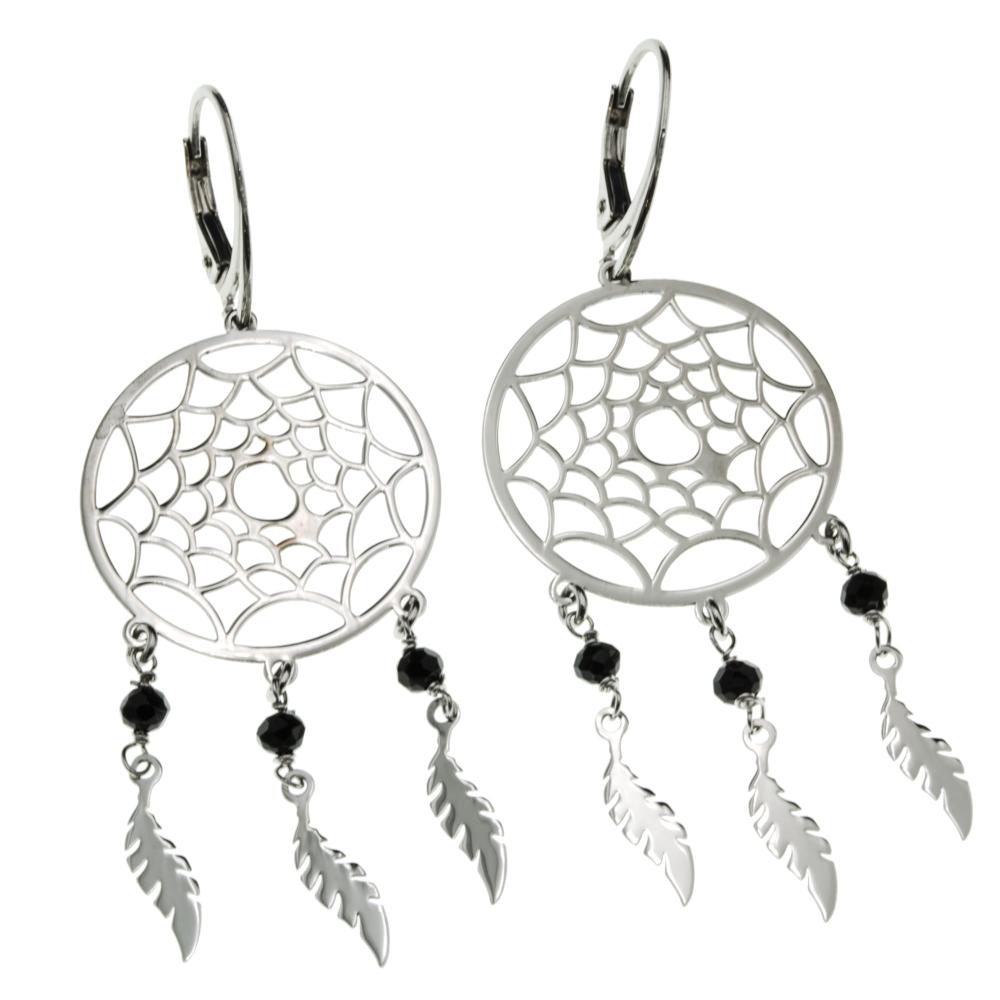 Kolczyki srebrne wiszące łapacz snów z czarnymi kamykami angielskie zapięcie SK14322