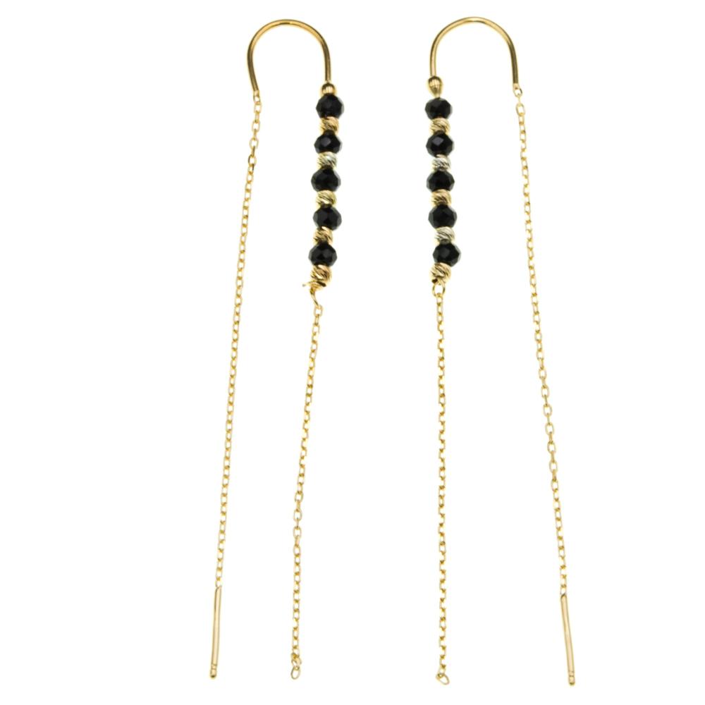 Kolczyki srebrne pozłacane wiszące przeciągane z czarnymi koralikami i diamentowanymi kuleczkami SK13817