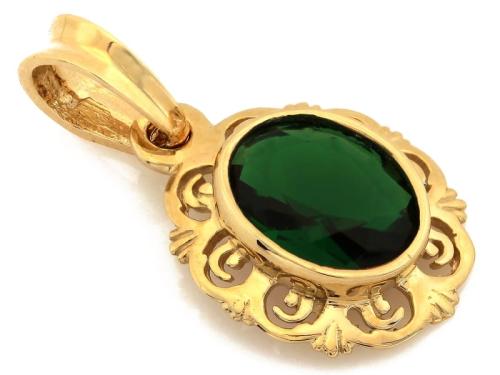 Zawieszka złota 585 14 karat z zielonym owalnym kamieniem w ozdobnym koszyczku ZZ14463.jpg