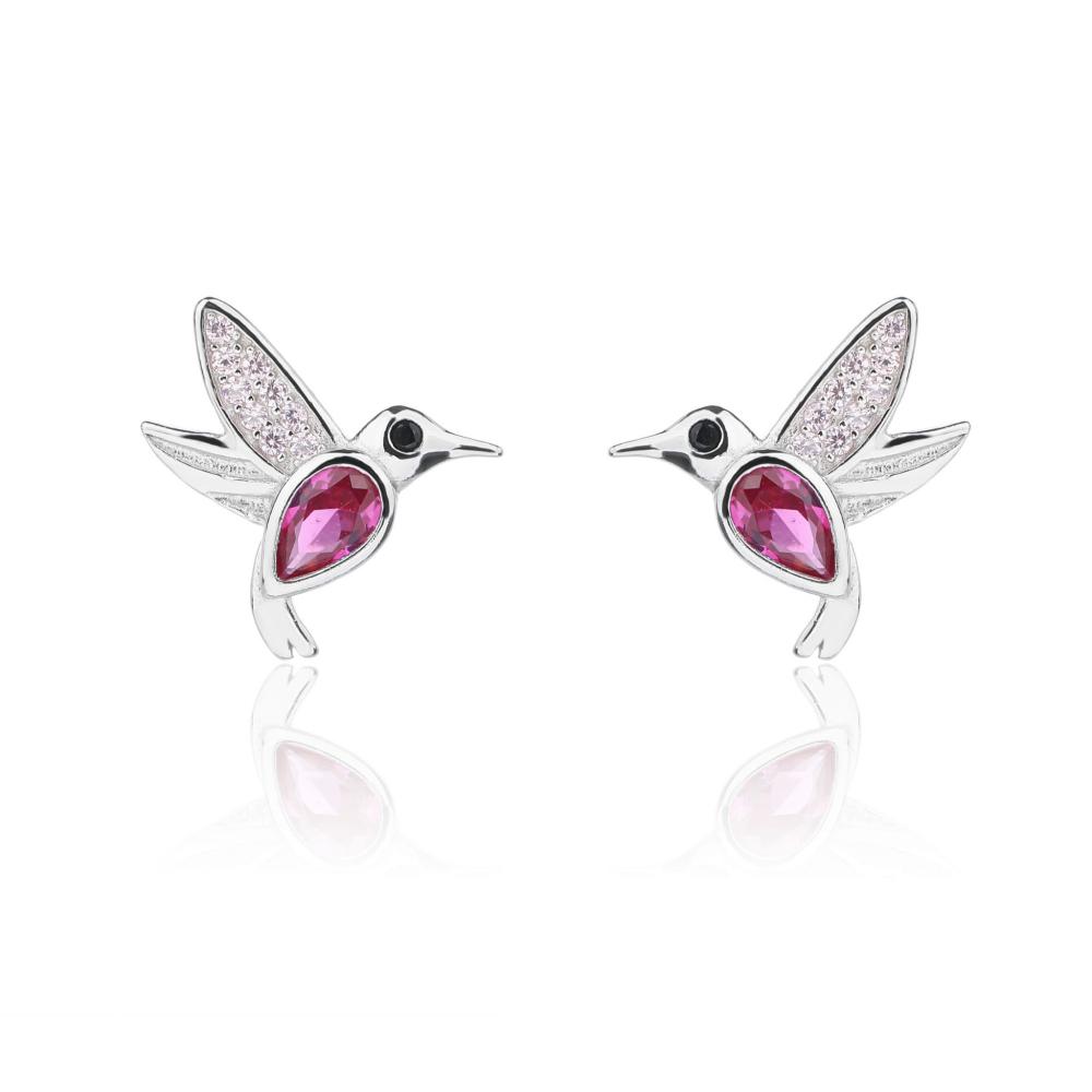 Kolczyki srebrne koliberki z różowymi cyrkoniami SK14671