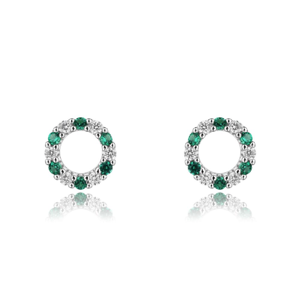 Kolczyki srebrne kółka wianki z białymi i zielonymi cyrkoniami na sztyfcie SK14665
