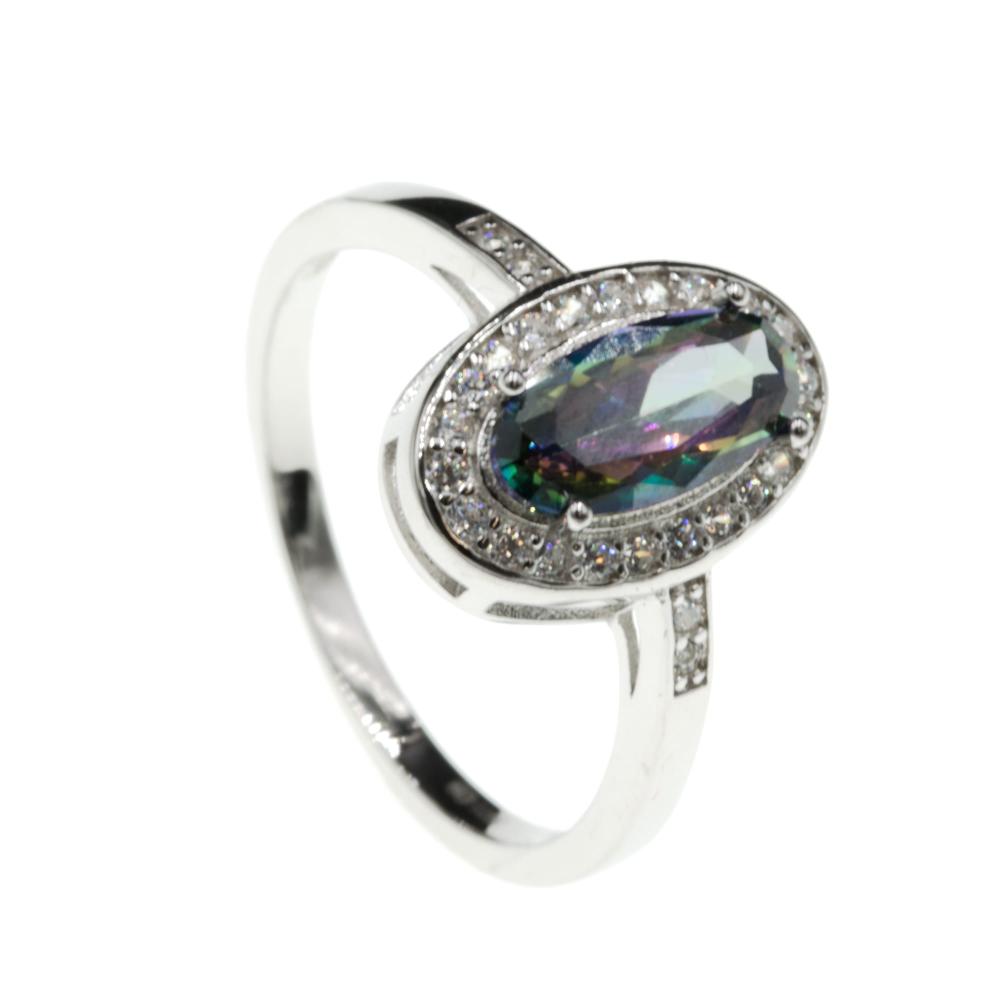 Pierścionek srebrny z owalnym fioletowo zielonym oczkiem i białymi cyrkoniami SP14199