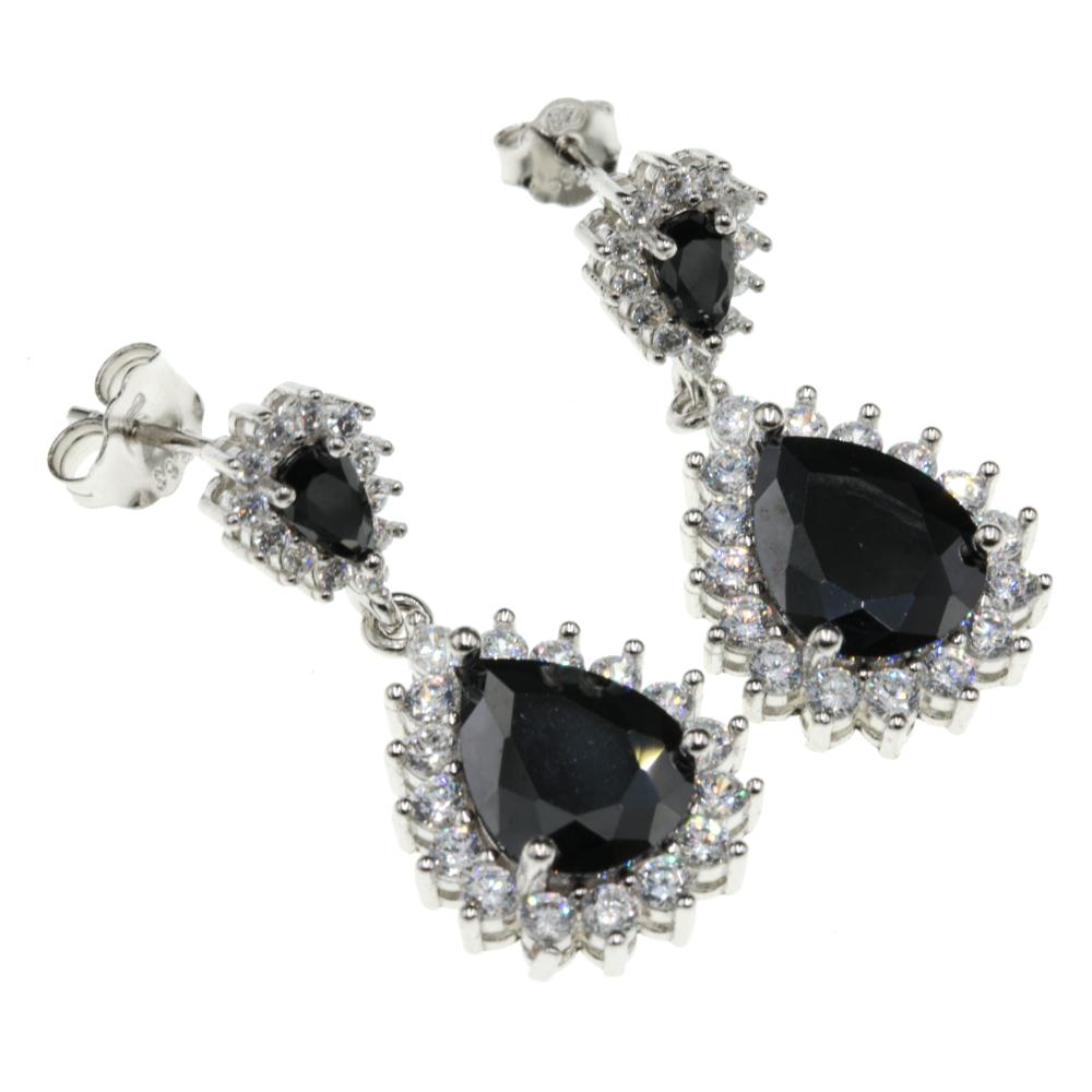 Kolczyki srebrne wiszące z czarnym kamieniem i białymi cyrkoniami na sztyfcie SK14026