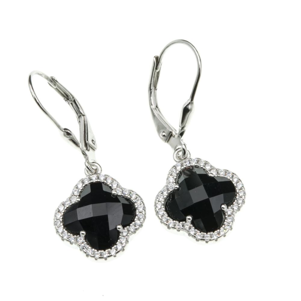 Kolczyki srebrne wiszące z koniczyną i cyrkoniami czarne SK10915