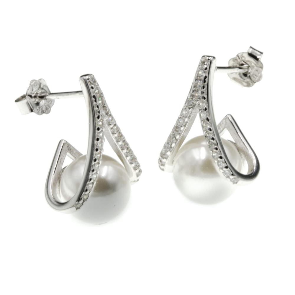 Kolczyki srebrne z perłą i białymi cyrkoniami na sztyfcie SK15865