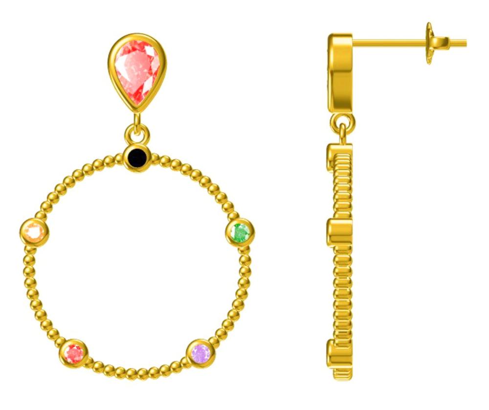 Kolczyki srebrne pozłacane kółka z kolorowymi cyrkoniami wiszące na sztyfcie SK16426