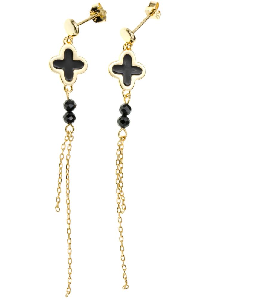 Kolczyki srebrne pozłacane wiszące z czarnymi koralikami i łańcuszkami na sztyfcie SK16421