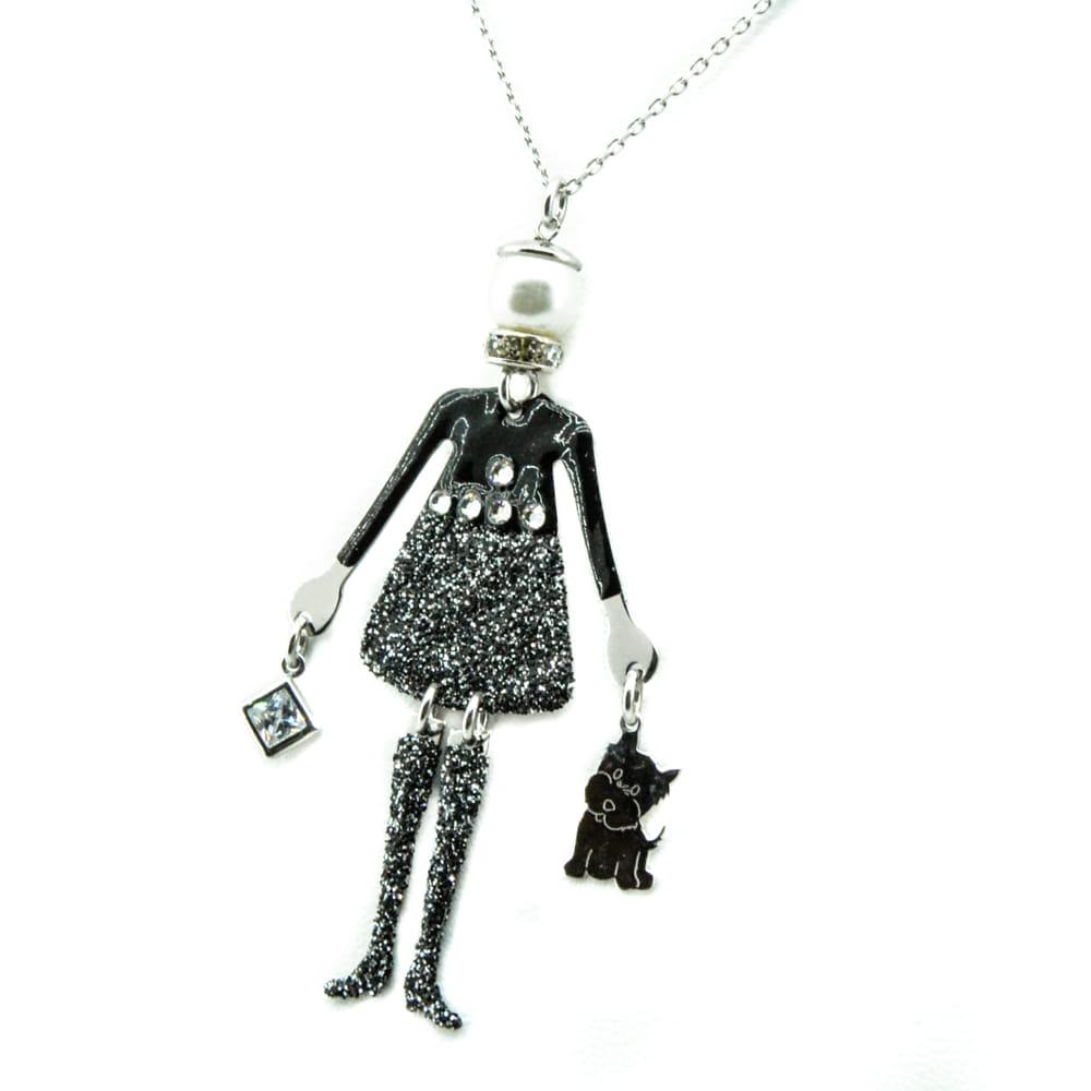 Naszyjnik srebrny Paryżanka ruchoma dziewczyna z torebką i pieskiem idealny na sweterek  SN1095