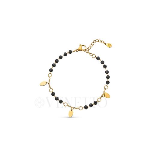 Bransoletka stal szlachetna w kolorze złota z czarnymi kamieniami i owalnymi blaszkami LB16745.jpg