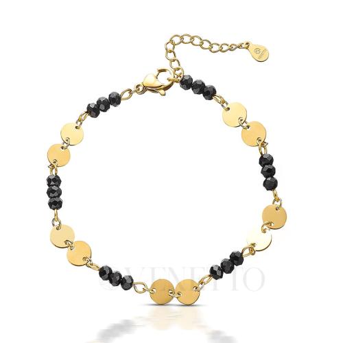 Bransoletka stal szlachetna w kolorze złota z okrągłymi blaszkami i czarnymi kamieniami LB16752.jpg