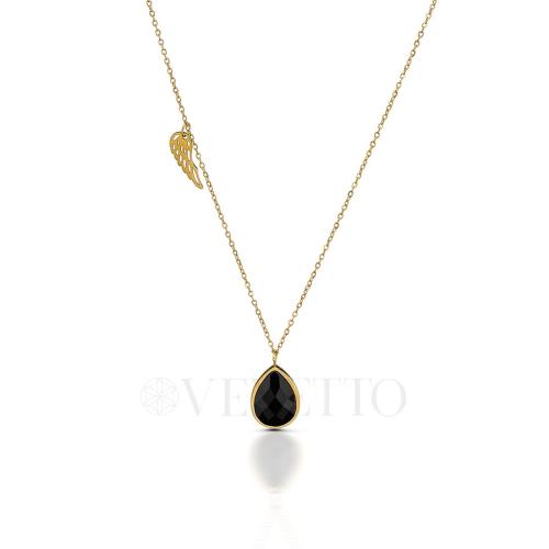 Naszyjnik stal szlachetna w kolorze złota czarny kamień łezka i skrzydełko LN16703.jpg
