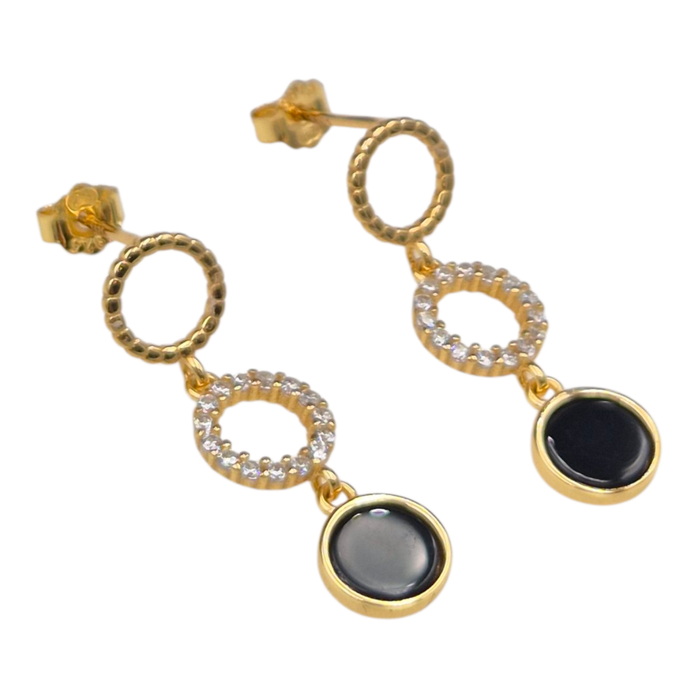 Kolczyki srebrne pozłacane wiszące z czarnymi kółeczkami  na sztyfcie SK17483
