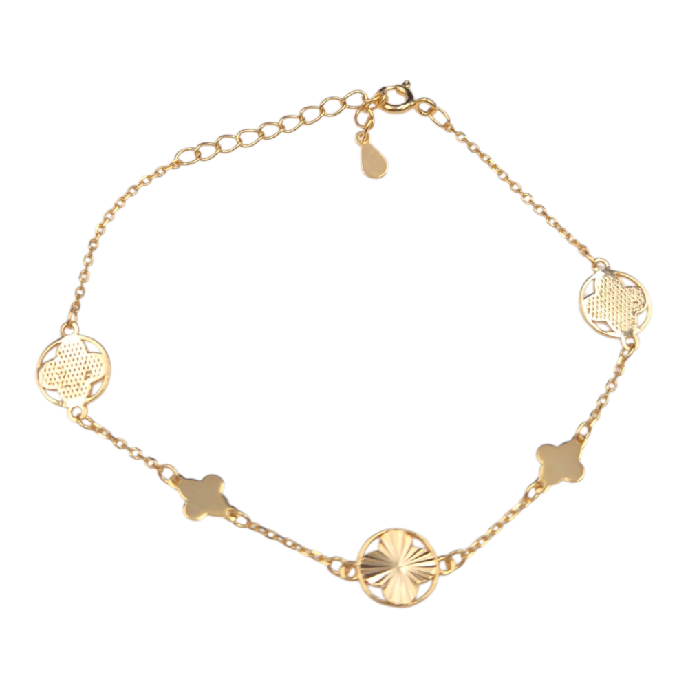 Bransoletka srebrna pozłacana z kółeczkami i diamentowanymi koniczynkami SB18389