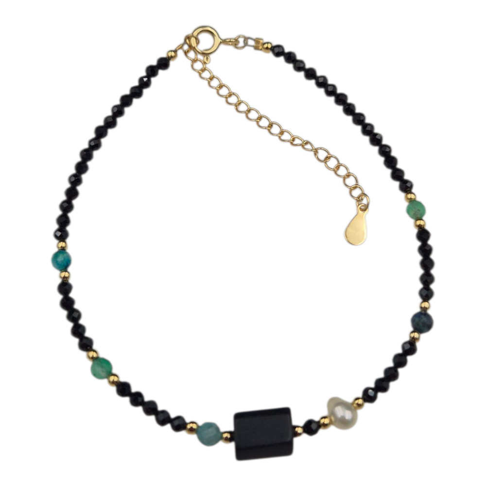 Bransoletka srebrna koralikowa spinel perła szungit SB17011