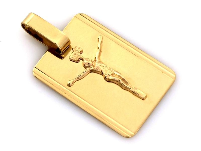 Zawieszka złota blaszka z wizerunkiem Jezusa ukrzyżowanego ZZ18109