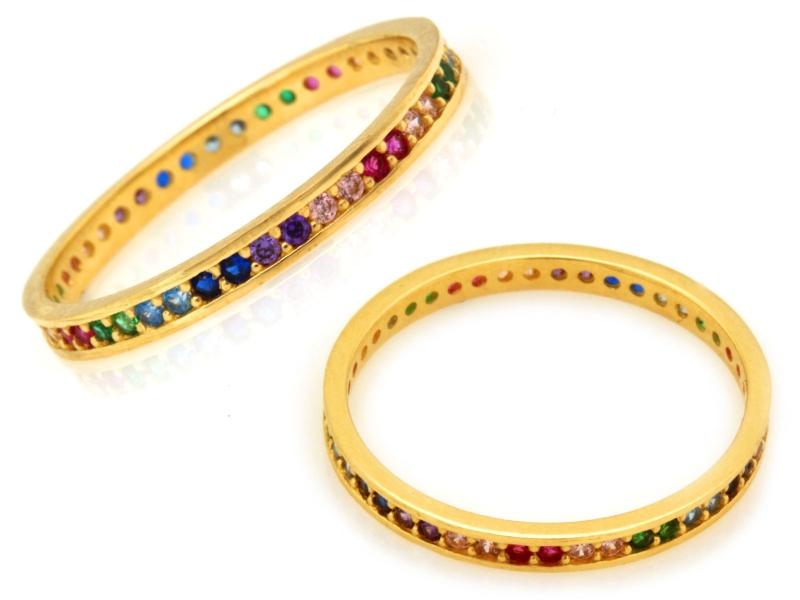 Pierścionek złoty wąski obrączkowy z kolorowymi cyrkoniami ZP18218