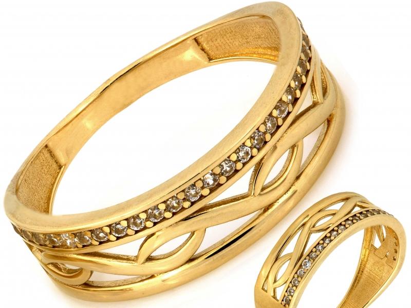 Pierścionek złoty płaski z białymi cyrkoniami ZP18201