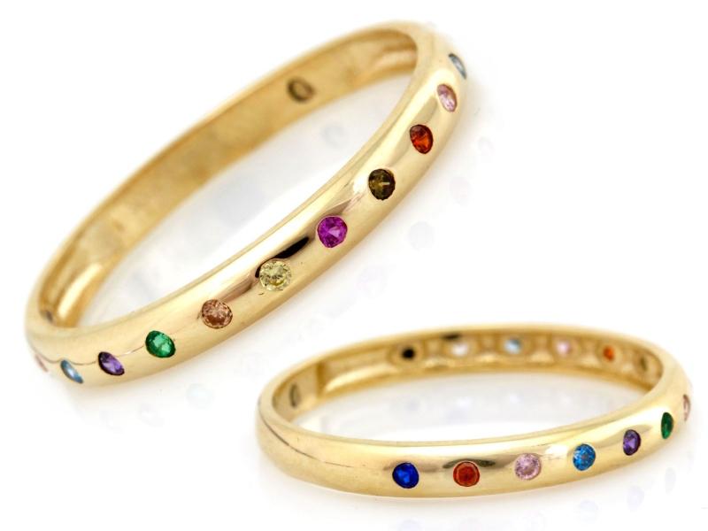 Pierścionek złoty wąski obrączkowy z kolorowymi cyrkoniami ZP18212