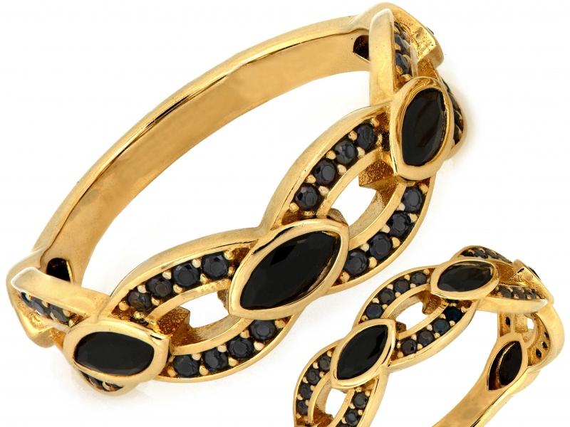 Pierścionek złoty płaski z czarnymi cyrkoniami ZP18211