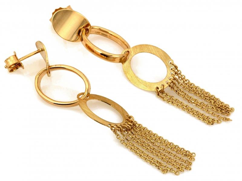 Kolczyki złote wiszące blaszki i okręgi z łeńcuszkami efektowny wzór na sztyfcie ZK18092