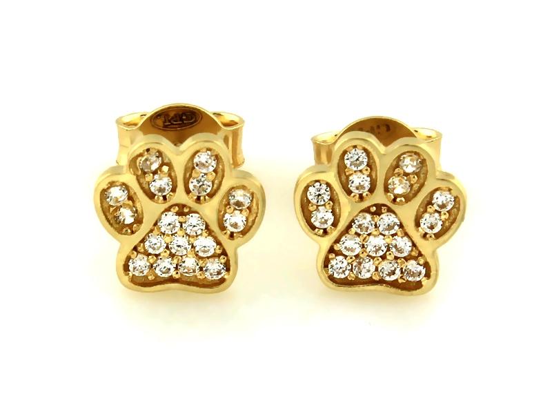 Kolczyki złote psie łapki z cyrkoniami na sztyfcie NZK18865