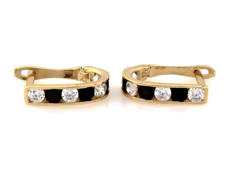 Kolczyki złote kreseczki przecinki z białymi i czarnymi cyrkoniami angielskie zapięcie NZK17841