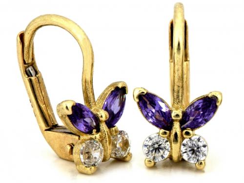 Kolczyki złote 375 9 karat na angielskim zapięciu motylki z fioletowymi cyrkoniami NZK17858.jpg