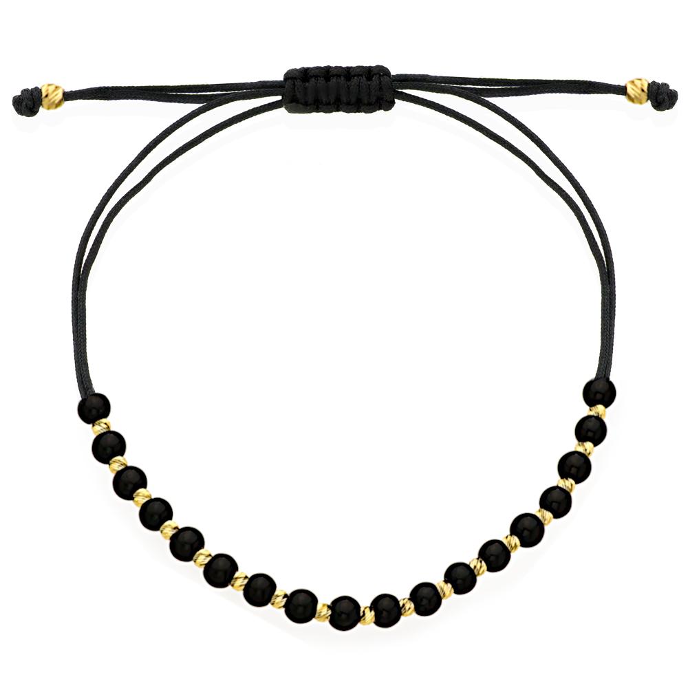 Bransoletka złota czarne koraliki i diamentowane złote kuleczki na czarnym sznureczku makrama ZB19047