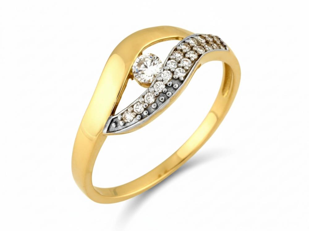 Pierścionek złoty klasyczny płaski z białymi cyrkoniami ZP19076