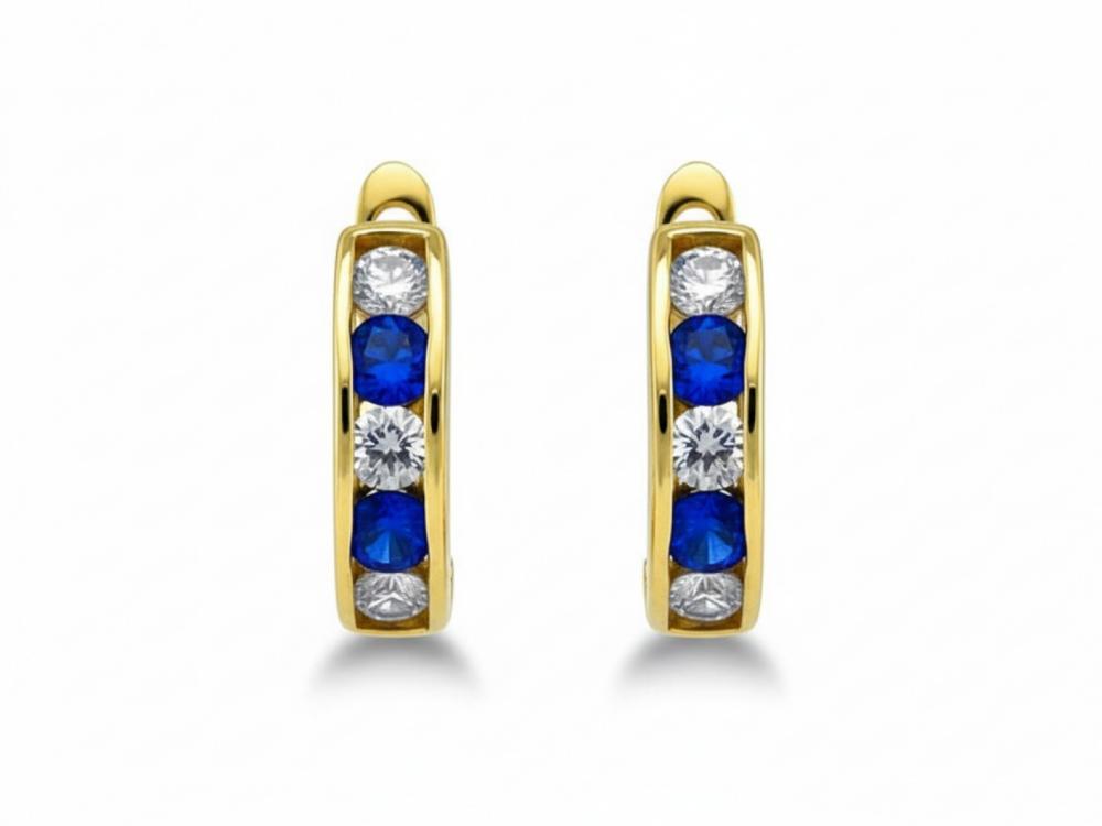Kolczyki złote kreseczki przecinki z białymi i granatowymi cyrkoniami NZK16620
