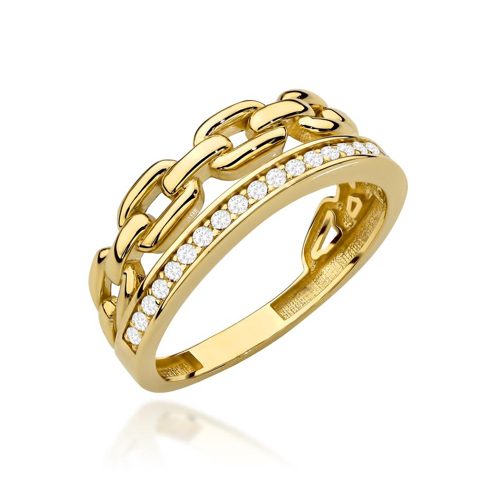 Pierścionek złoty podwójny duże ogniwa i pasek białych cyrkonii ZP19118