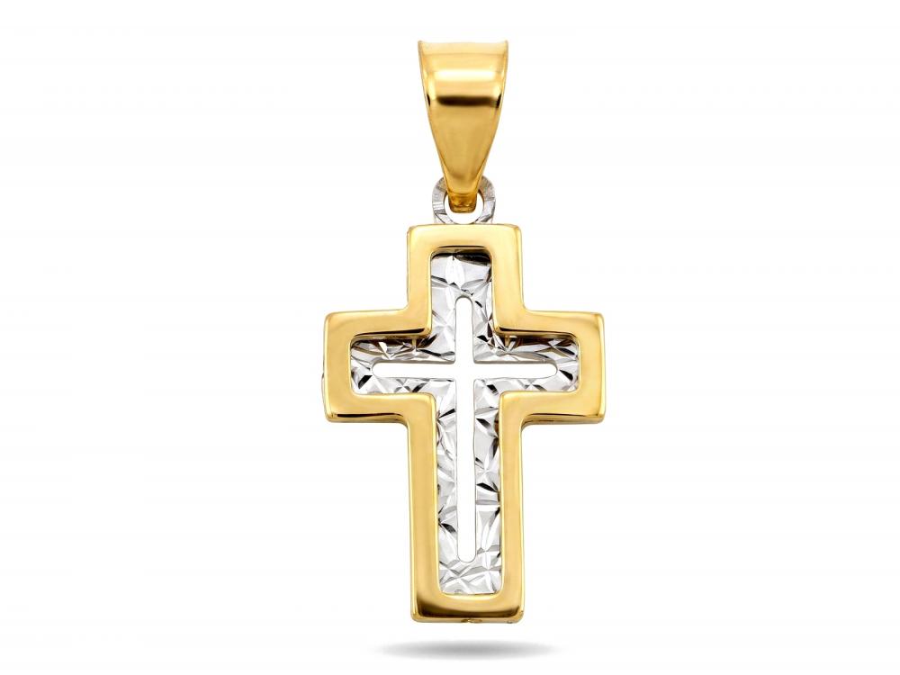 Zawieszka złota diamentowany płaski krzyżyk dwa kolory złota ZZ20111