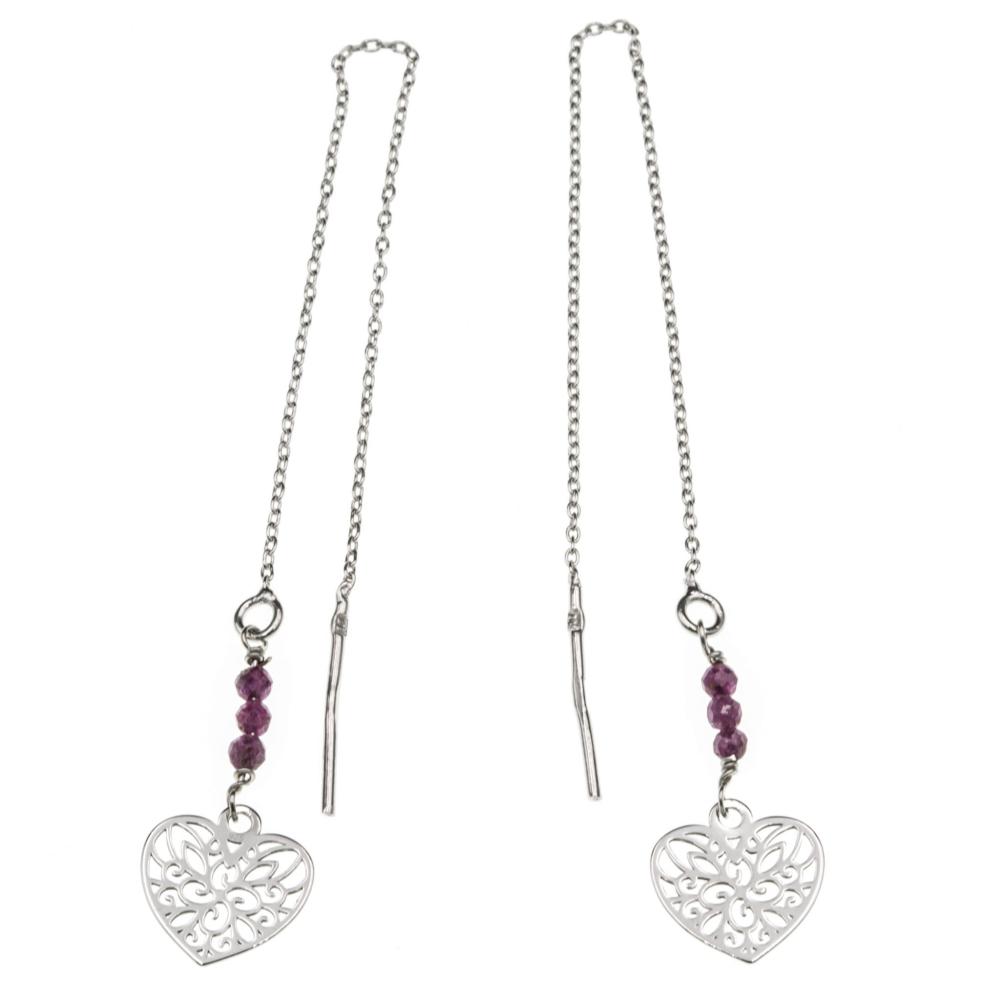 Kolczyki srebrne przeciągane wiszące serca z rubinem SK3832