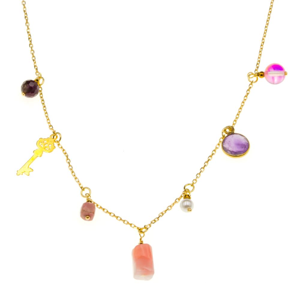Naszyjnik srebrny z granatem, opalem, rodonitem, ametystem i muszlą SN5897