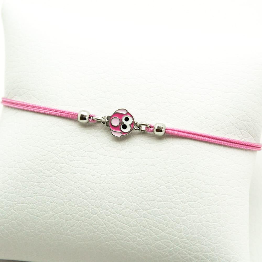 Bransoletka srebrna dziecięca na różowym sznureczku sowa SB0897