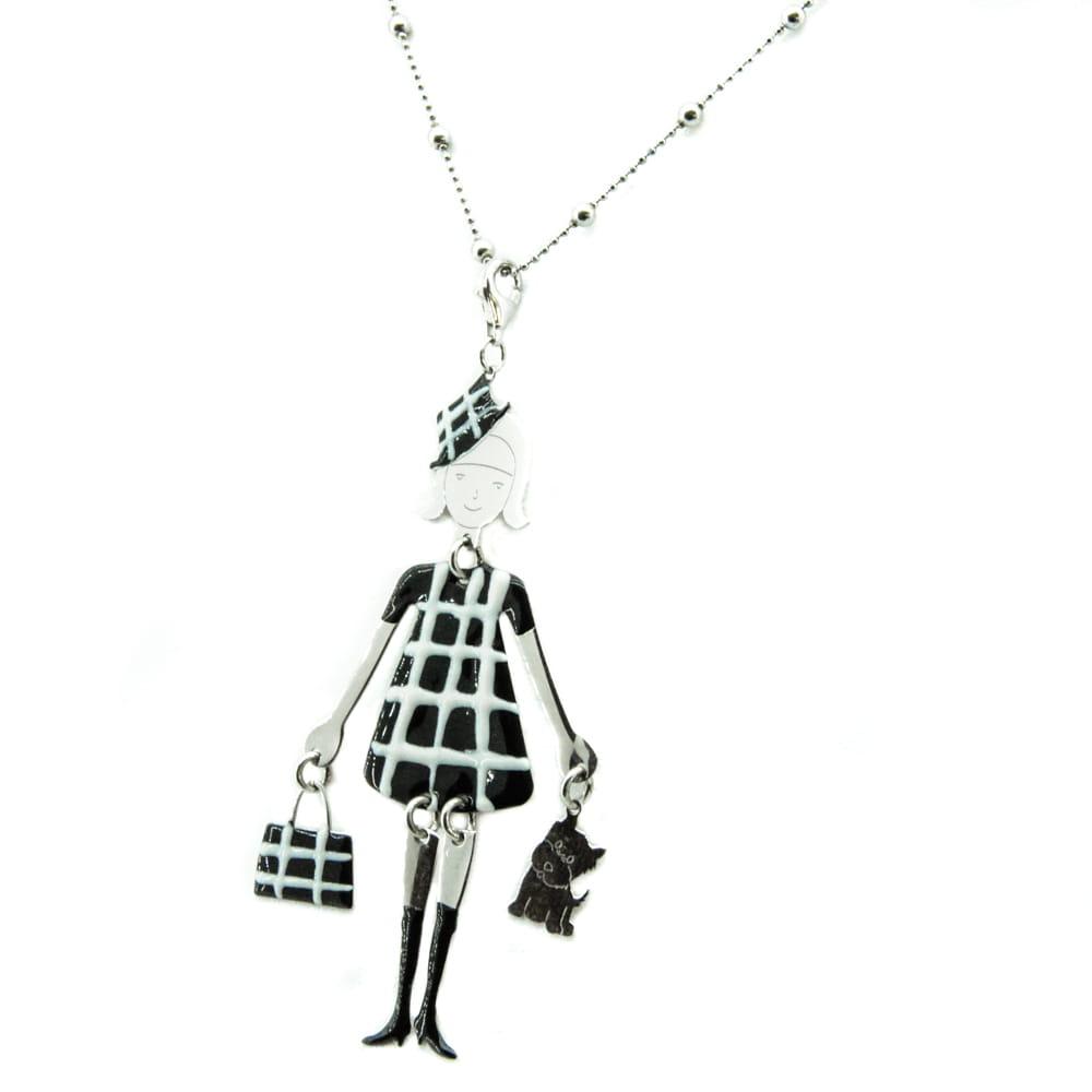 Naszyjnik srebrny z Paryżnką ruchoma dziewczyna z torebką i pieskiem  idealna stylizacja do sweterka łńcuszek z kuleczkami 90cm możliwość odpięcia zawieszki SN1085